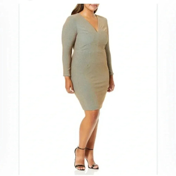 DRESS THE POPULATION Gold/Teal Riley Plunge Neck Mini Dress Size 1X Holiday - Picture 2 of 11